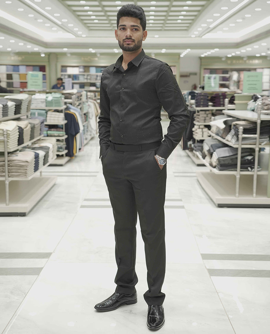 Black Poly-Blended Party Wear Shirt, Adorned with Geometric Stonework Patterns, Comes with a Spread Collar, Full Sleeves, Slim Fit, and Regular Length