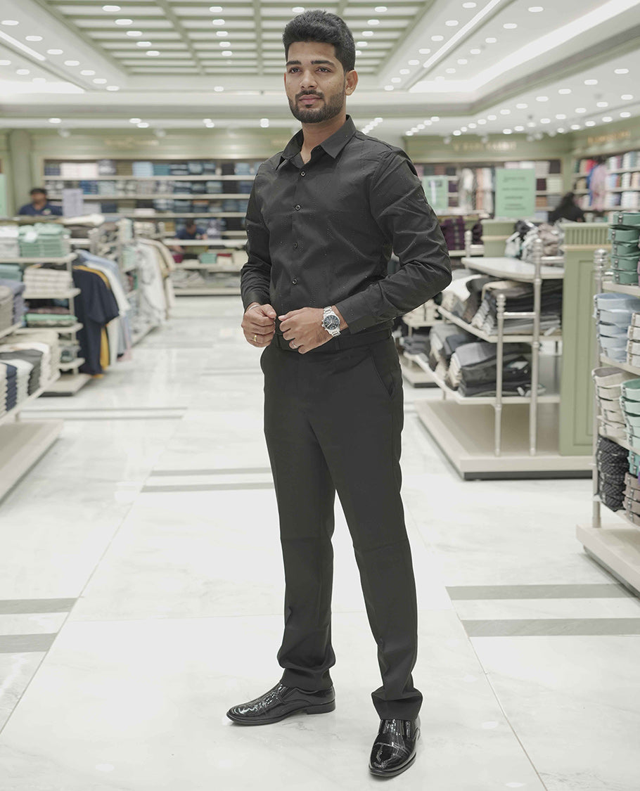 Black Poly-Blended Party Wear Shirt, Adorned with Geometric Stonework Patterns, Comes with a Spread Collar, Full Sleeves, Slim Fit, and Regular Length