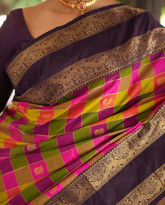 Multi-Color Budget Silksaree Feature Checks and Buttas, Contrast Rettaipettu Border, Contrast Blouse