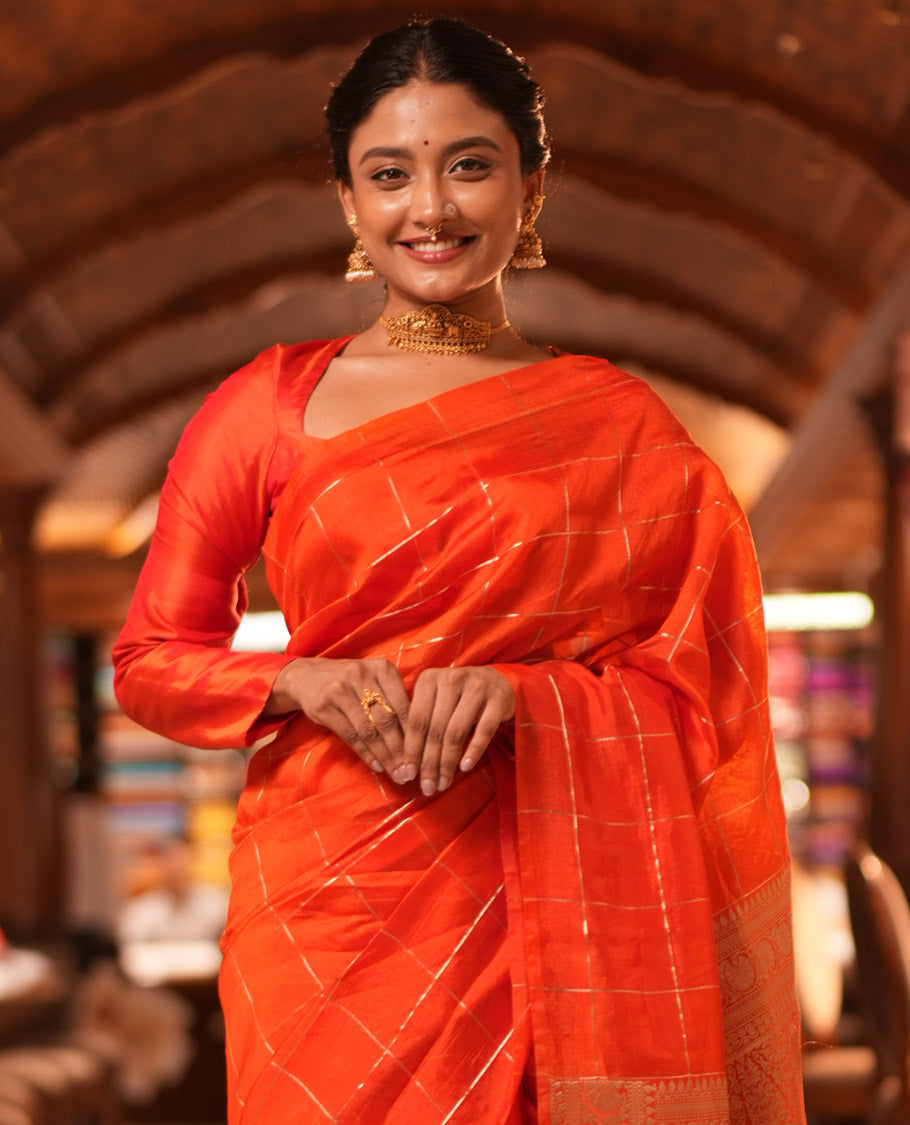 Borderless Orange Chanderi Cotton Saree, Grand Intricately Designed Pallu, and a Matching Blouse