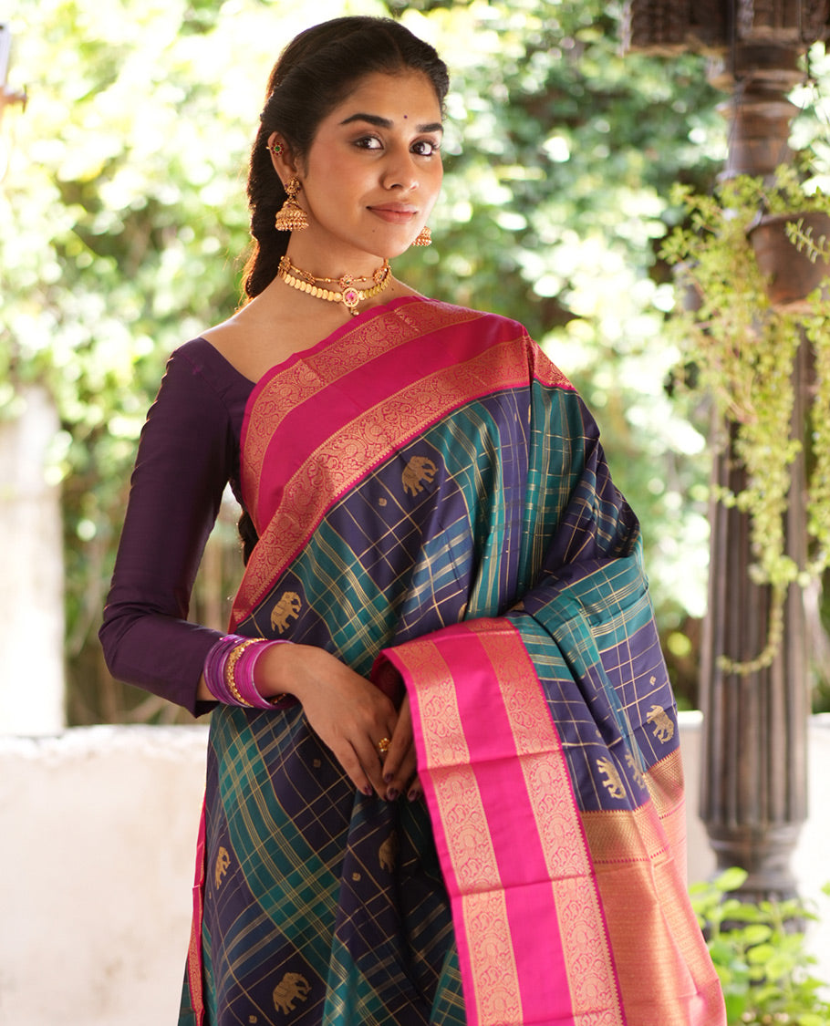 Navy-Peacock Green Checked Budget Silksaree Features Elephant Motifs, Contrast Rettaipettu Border, Contrast Blouse