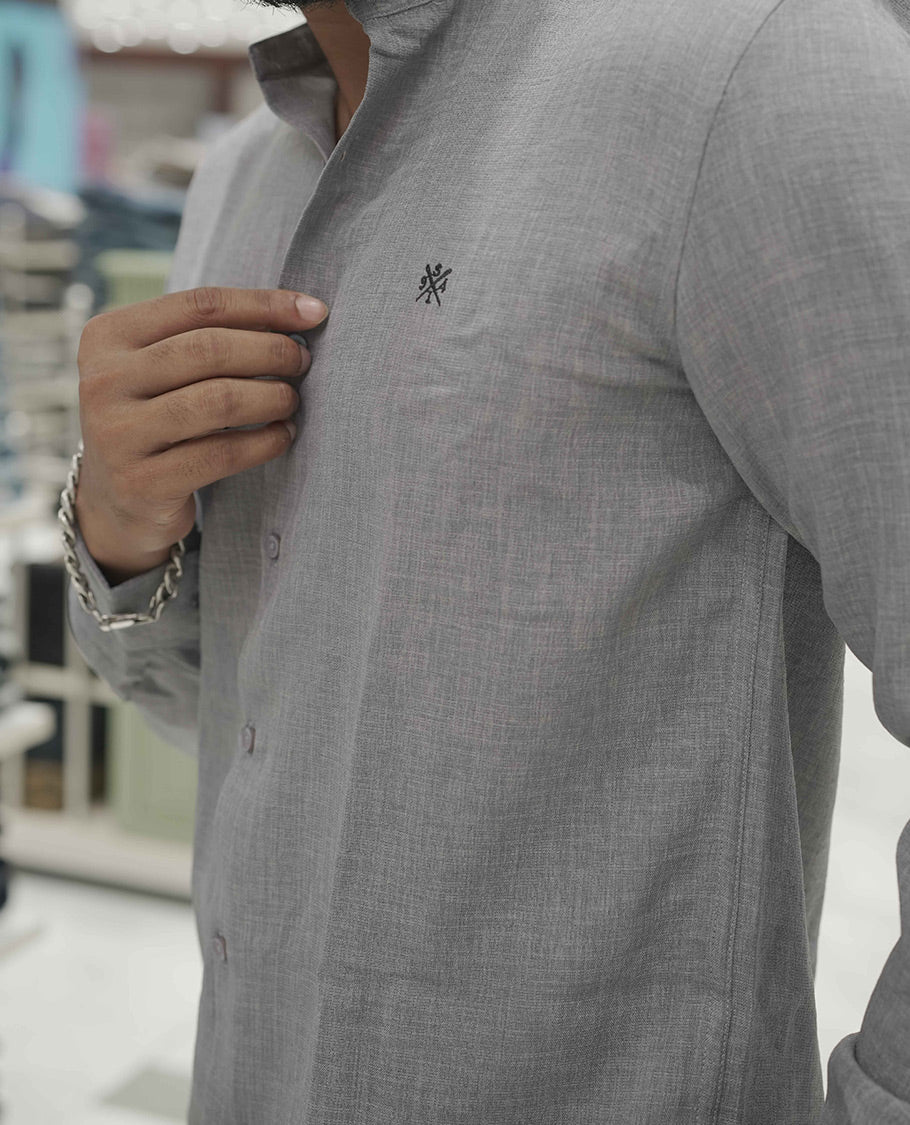 Grey Plain Korean Linen-Blended Casual Shirt, Comes with a Mandarin Collar, Full-Sleeves, Slim Fit, and Regular Length