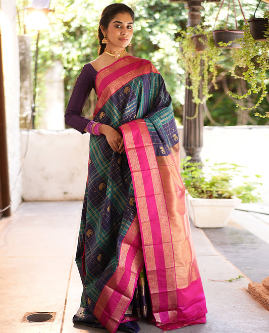 Navy-Peacock Green Checked Budget Silksaree Features Elephant Motifs, Contrast Rettaipettu Border, Contrast Blouse