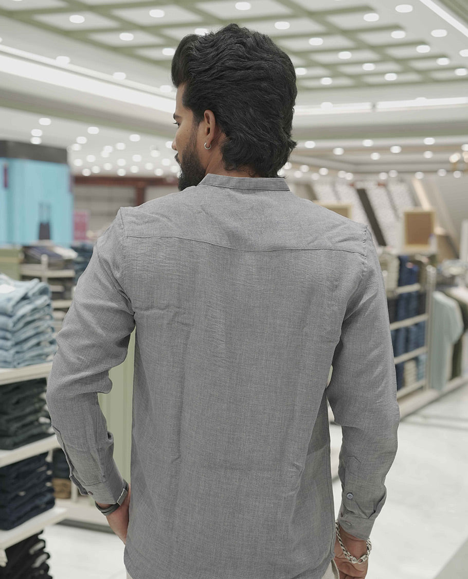 Grey Plain Korean Linen-Blended Casual Shirt, Comes with a Mandarin Collar, Full-Sleeves, Slim Fit, and Regular Length