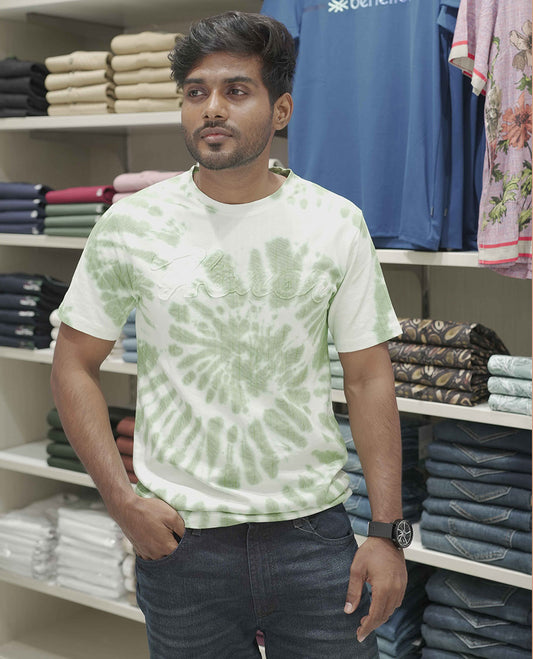 Green Cotton-Blended T-Shirt, Subtly Designed with Tie-Dye Style Shibori Print, Comes with a Crew-Neck, Half-Sleeves, Slim Fit, and Regular Length