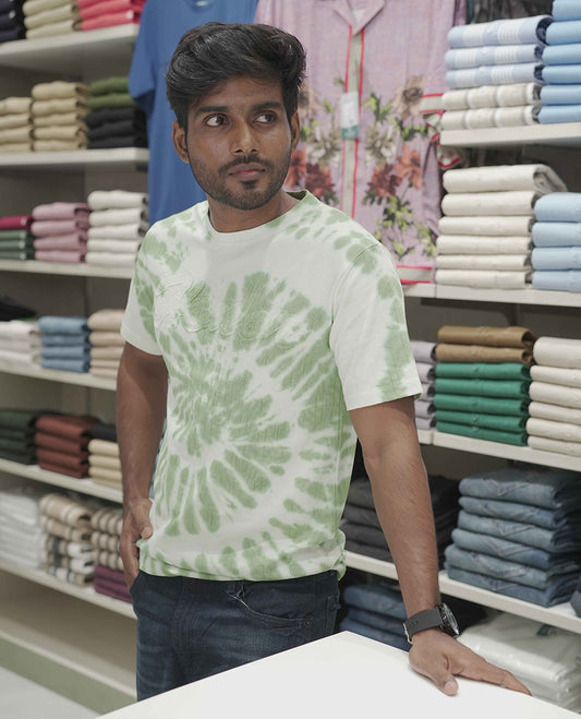 Green Cotton-Blended T-Shirt, Subtly Designed with Tie-Dye Style Shibori Print, Comes with a Crew-Neck, Half-Sleeves, Slim Fit, and Regular Length