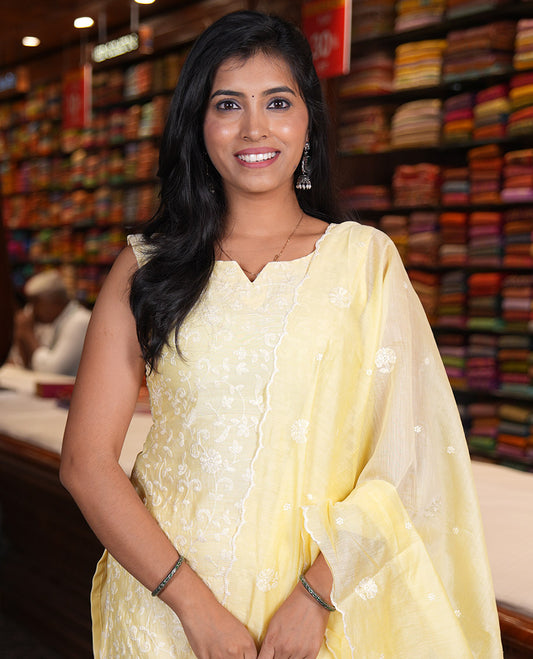 Yellow Mul Chanderi Material Chudidar, Lucknowi-Style Embroidery Top, a Santoon Bottom, Scallop Embroidered Dupatta