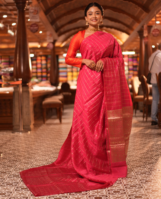 Borderless Pink Chanderi Cotton Saree, Grand Intricately Designed Pallu, and a Matching Blouse