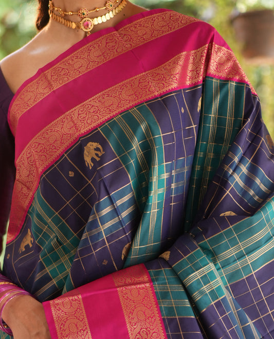 Navy-Peacock Green Checked Budget Silksaree Features Elephant Motifs, Contrast Rettaipettu Border, Contrast Blouse
