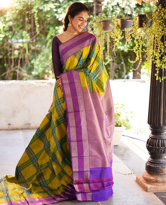 Peacock Green-Blue Checked Budget Silksaree Features Elephant Motifs, Contrast Rettaipettu Border, Contrast Blouse