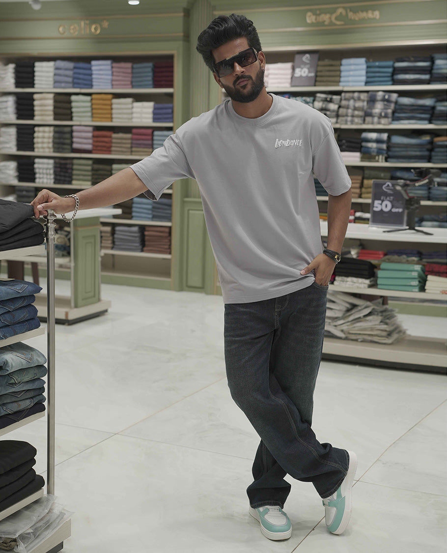 Grey Cotton-Blended Oversized T-Shirt, Elevated with Multi-Color Funky Motifs Front and Back Print, Comes with a Crew-Neck, Half-Sleeves, and Long Length