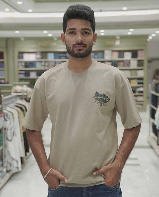 Cream Cotton-Blended Oversized T-Shirt, Elevated with Multi-Color Funky Motifs Front and Back Print, Comes with a Crew-Neck, Half-Sleeves, and Long Length