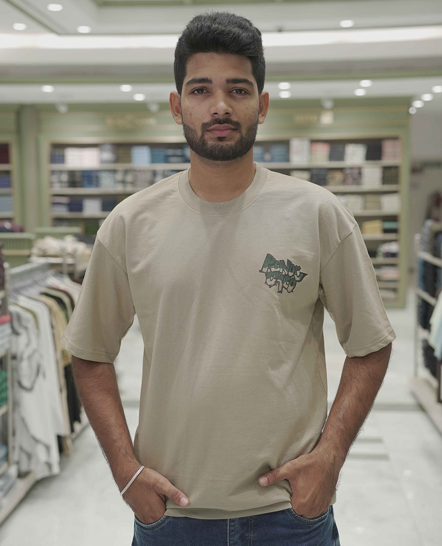 Cream Cotton-Blended Oversized T-Shirt, Elevated with Multi-Color Funky Motifs Front and Back Print, Comes with a Crew-Neck, Half-Sleeves, and Long Length