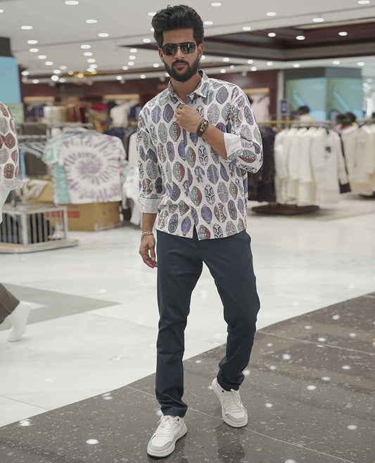 Cream-Blue Cotton-Blended Casual Shirt, Detailed with Surfing Board Motifs Print, Comes with a Spread Collar, Full-Sleeves, Slim Fit, and Regular Length
