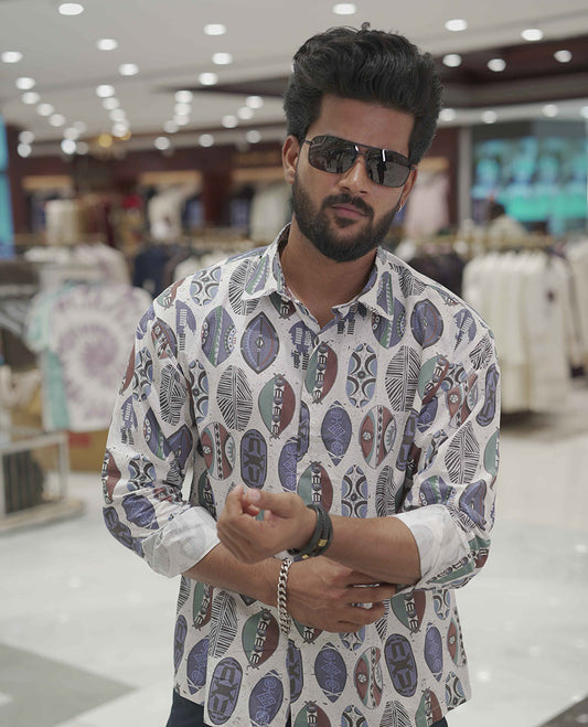 Cream-Blue Cotton-Blended Casual Shirt, Detailed with Surfing Board Motifs Print, Comes with a Spread Collar, Full-Sleeves, Slim Fit, and Regular Length