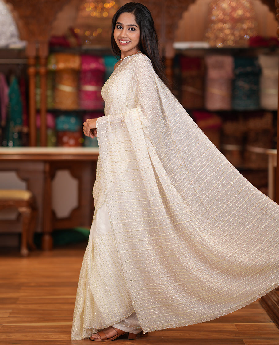 Cream Fendi Chiffon Saree, Bead Embroidery, a Scalloped Border, a Matching Blouse