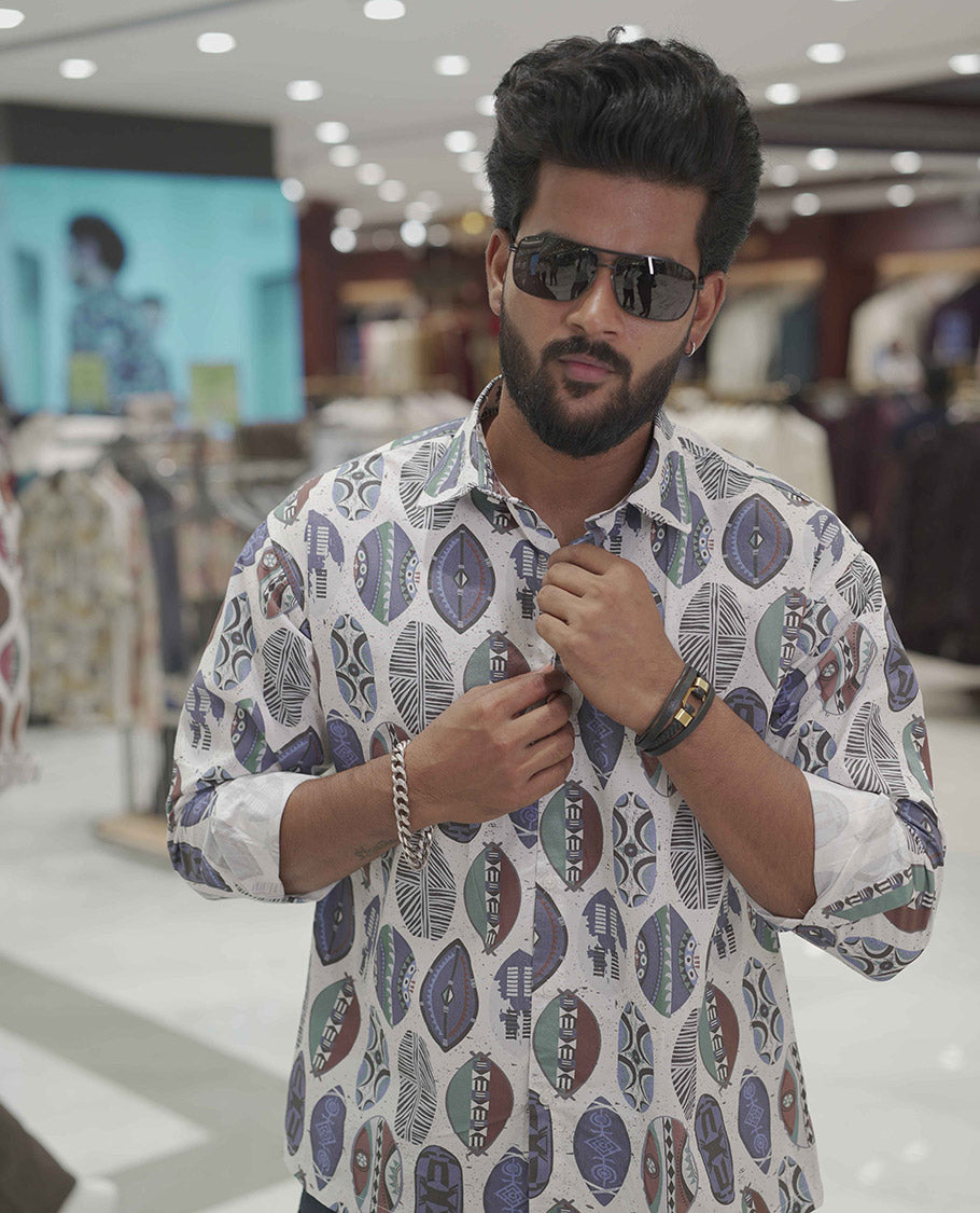 Cream-Blue Cotton-Blended Casual Shirt, Detailed with Surfing Board Motifs Print, Comes with a Spread Collar, Full-Sleeves, Slim Fit, and Regular Length