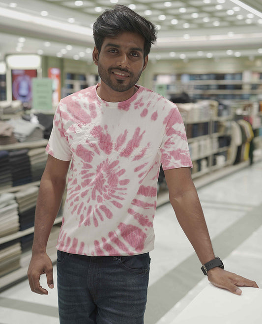 Pink Cotton-Blended T-Shirt, Subtly Designed with Tie-Dye Style Shibori Print, Comes with a Crew-Neck, Half-Sleeves, Slim Fit, and Regular Length