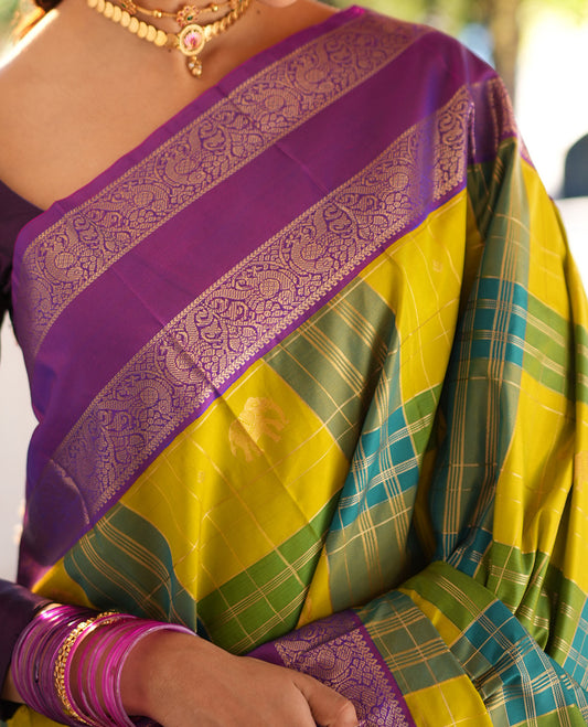 Peacock Green-Blue Checked Budget Silksaree Features Elephant Motifs, Contrast Rettaipettu Border, Contrast Blouse
