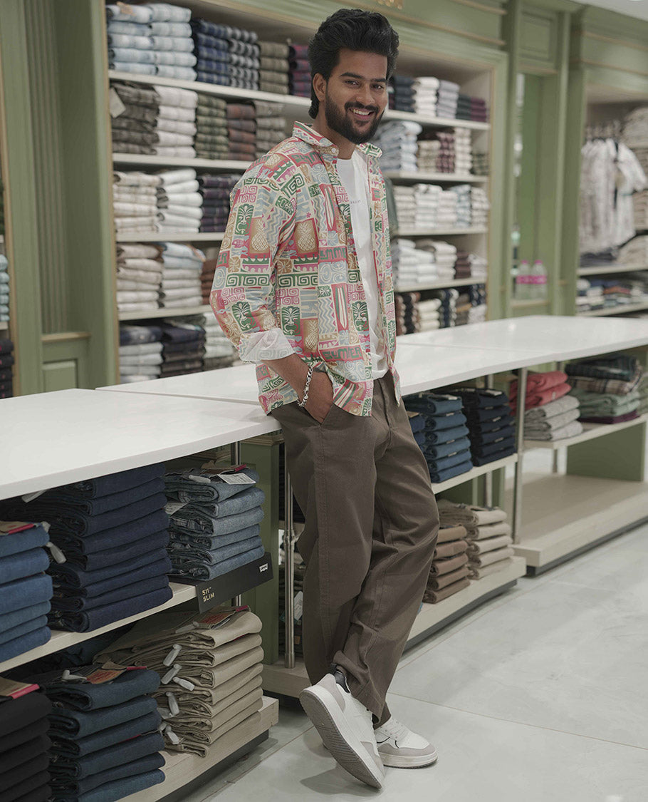 Multi Color Cotton-Blended Casual Shirt, Highlighted with Funky Motifs Print, Comes with a Spread Collar, Full-Sleeves, Slim Fit, and Regular Length