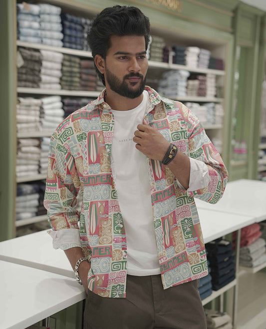 Multi Color Cotton-Blended Casual Shirt, Highlighted with Funky Motifs Print, Comes with a Spread Collar, Full-Sleeves, Slim Fit, and Regular Length