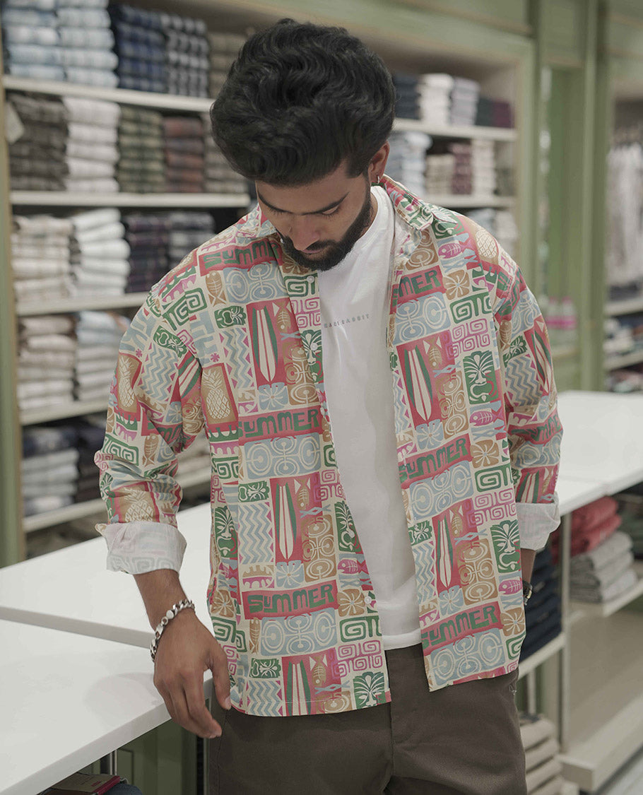 Multi Color Cotton-Blended Casual Shirt, Highlighted with Funky Motifs Print, Comes with a Spread Collar, Full-Sleeves, Slim Fit, and Regular Length