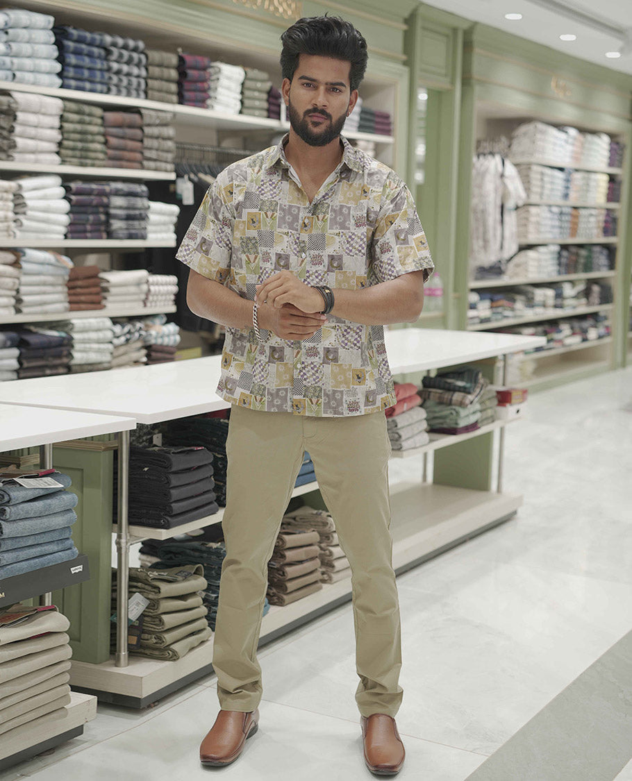 Multi-Color Cotton-Blended Casual Shirt, Creatively Printed with Unique Motifs, Comes with a Spread Collar, Half-Sleeves, Slim Fit, and Regular Length