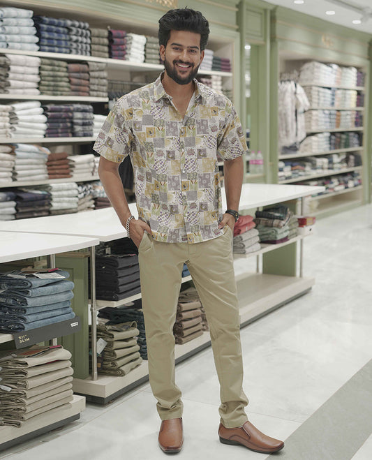 Multi-Color Cotton-Blended Casual Shirt, Creatively Printed with Unique Motifs, Comes with a Spread Collar, Half-Sleeves, Slim Fit, and Regular Length