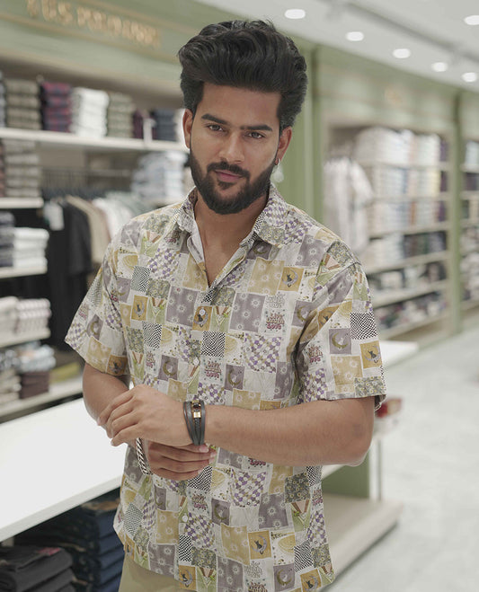 Multi-Color Cotton-Blended Casual Shirt, Creatively Printed with Unique Motifs, Comes with a Spread Collar, Half-Sleeves, Slim Fit, and Regular Length