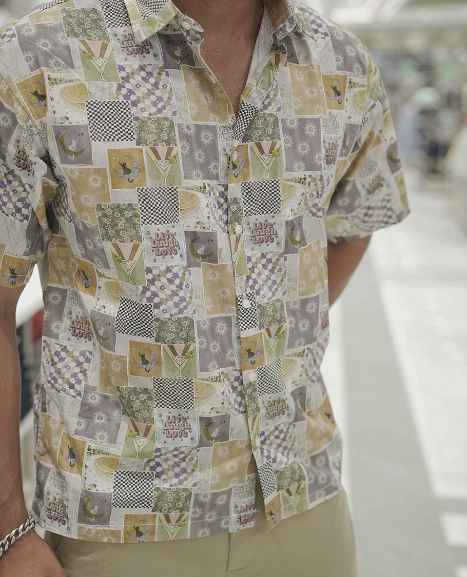 Multi-Color Cotton-Blended Casual Shirt, Creatively Printed with Unique Motifs, Comes with a Spread Collar, Half-Sleeves, Slim Fit, and Regular Length