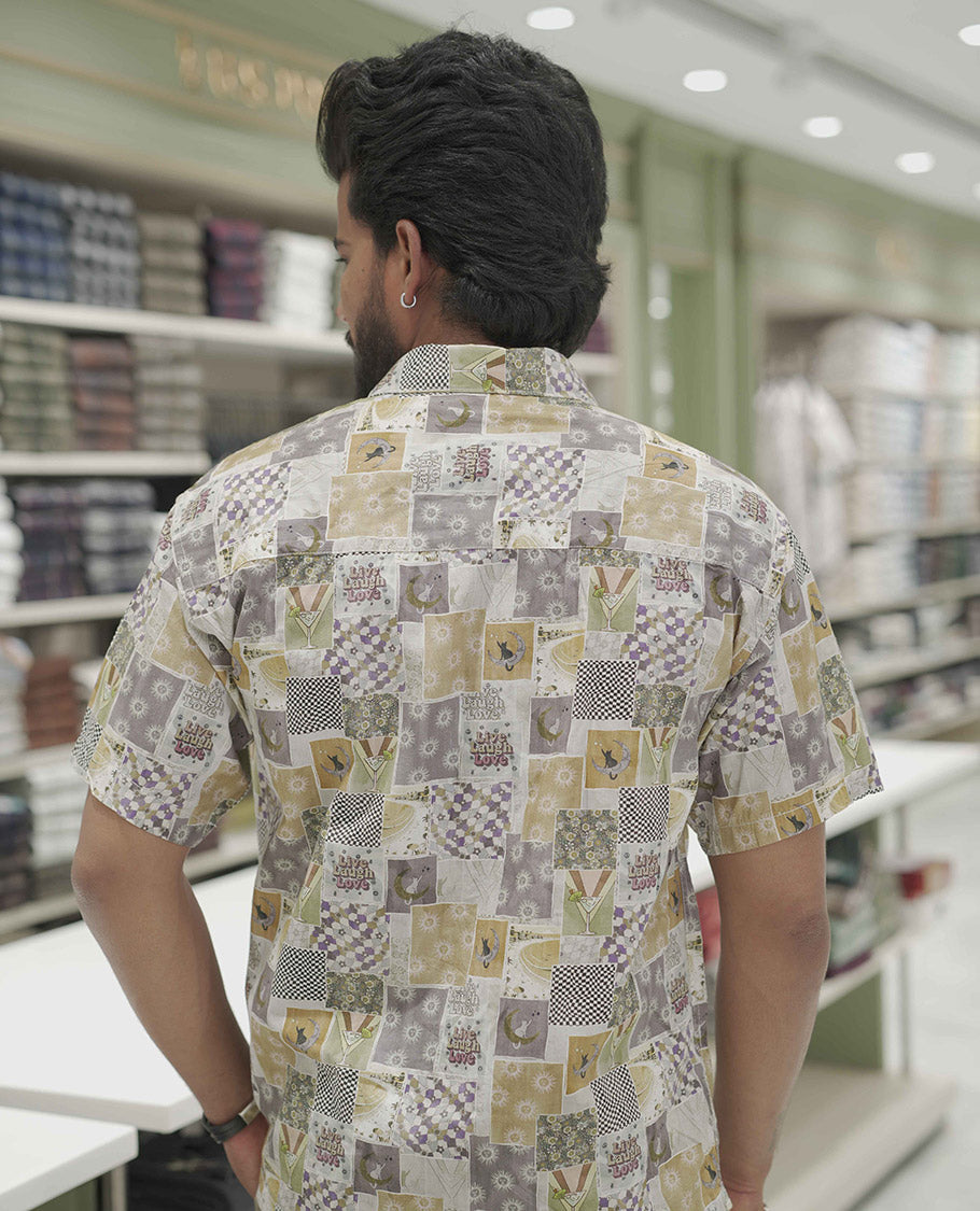 Multi-Color Cotton-Blended Casual Shirt, Creatively Printed with Unique Motifs, Comes with a Spread Collar, Half-Sleeves, Slim Fit, and Regular Length