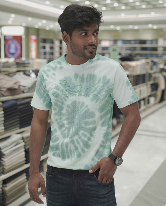 Aqua Blue Cotton-Blended T-Shirt, Subtly Designed with Tie-Dye Style Shibori Print, Comes with a Crew-Neck, Half-Sleeves, Slim Fit, and Regular Length