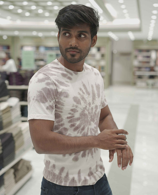 Purple Cotton-Blended T-Shirt, Subtly Designed with Tie-Dye Style Shibori Print, Comes with a Crew-Neck, Half-Sleeves, Slim Fit, and Regular Length