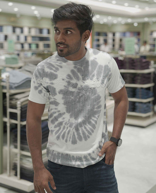 Grey Cotton-Blended T-Shirt, Subtly Designed with Tie-Dye Style Shibori Print, Comes with a Crew-Neck, Half-Sleeves, Slim Fit, and Regular Length