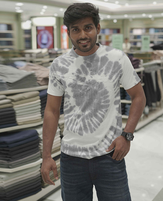 Grey Cotton-Blended T-Shirt, Subtly Designed with Tie-Dye Style Shibori Print, Comes with a Crew-Neck, Half-Sleeves, Slim Fit, and Regular Length