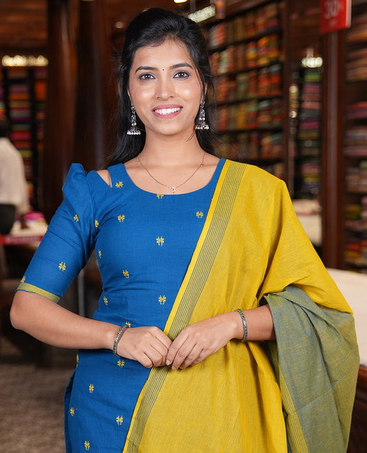 Peacock Blue Handloom Cotton Material Chudidar, Buttas Woven Top, a Plain Bottom, and Contrast Dupatta