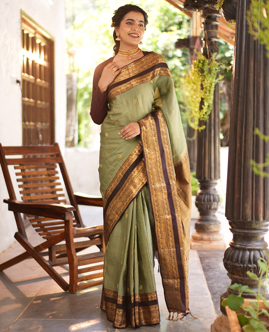 Elaichi Checked Vasundhara Lite Silk Mix Saree, Contrast Elephant Border, Jaal Pallu, and Contrast Blouse