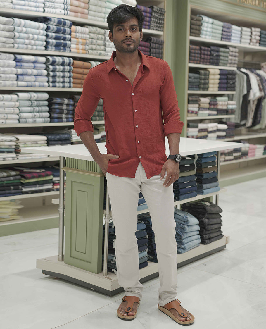 Rust Plain Poly-Blend Casual Shirt, Comes with a Spread Collar, Full-Sleeves, Slim Fit, and Regular Length