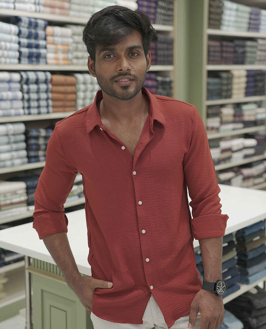 Rust Plain Poly-Blend Casual Shirt, Comes with a Spread Collar, Full-Sleeves, Slim Fit, and Regular Length