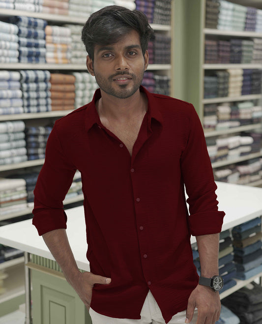 Maroon Plain Poly-Blend Casual Shirt, Comes with a Spread Collar, Full-Sleeves, Slim Fit, and Regular Length