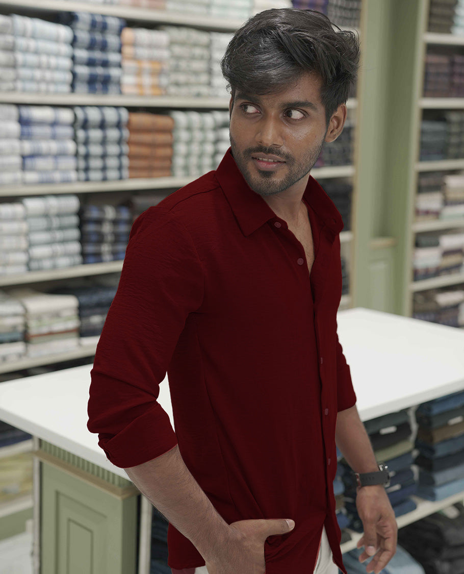 Maroon Plain Poly-Blend Casual Shirt, Comes with a Spread Collar, Full-Sleeves, Slim Fit, and Regular Length