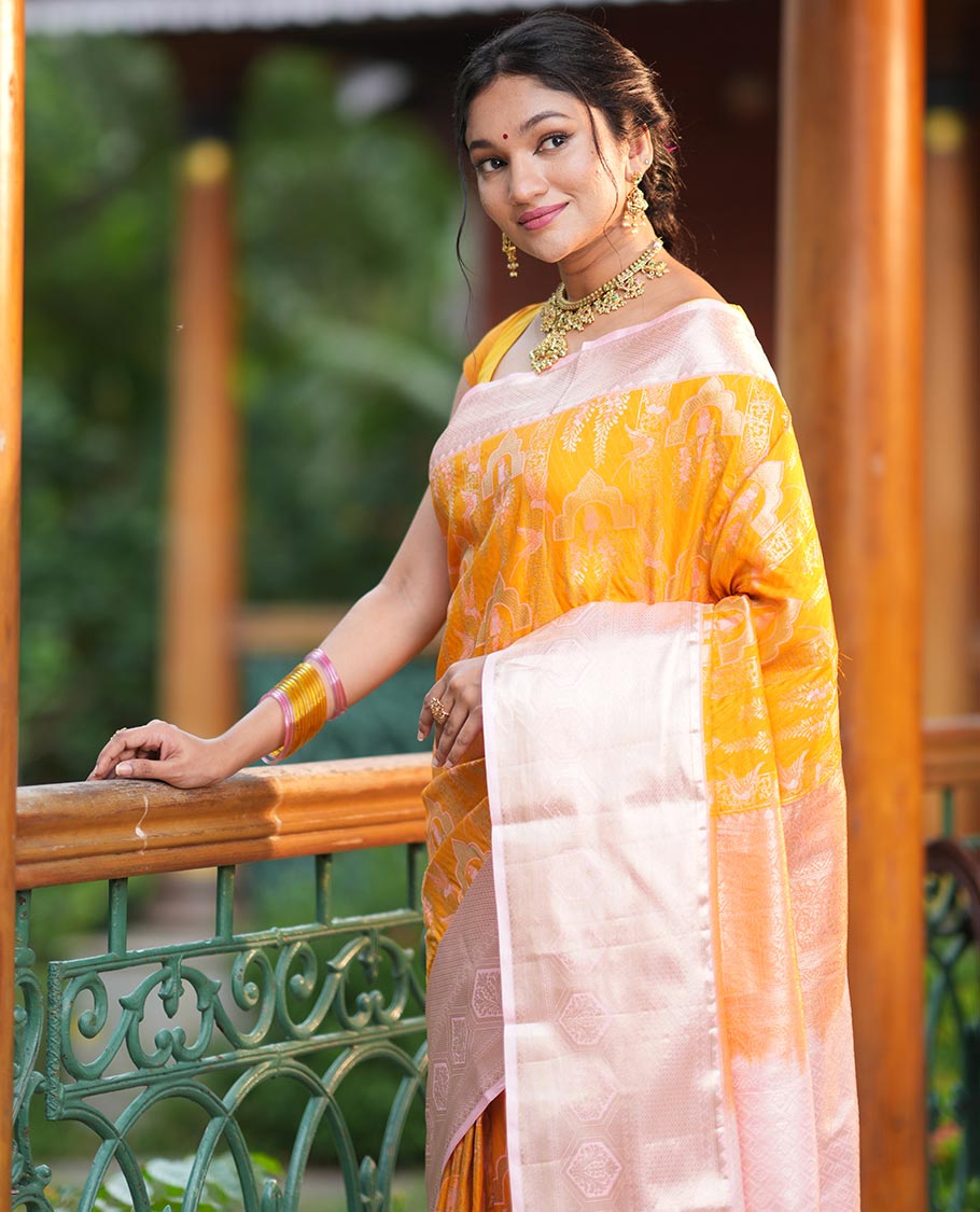 Turmeric Yellow-Peach Jacquard Budget Silk Saree