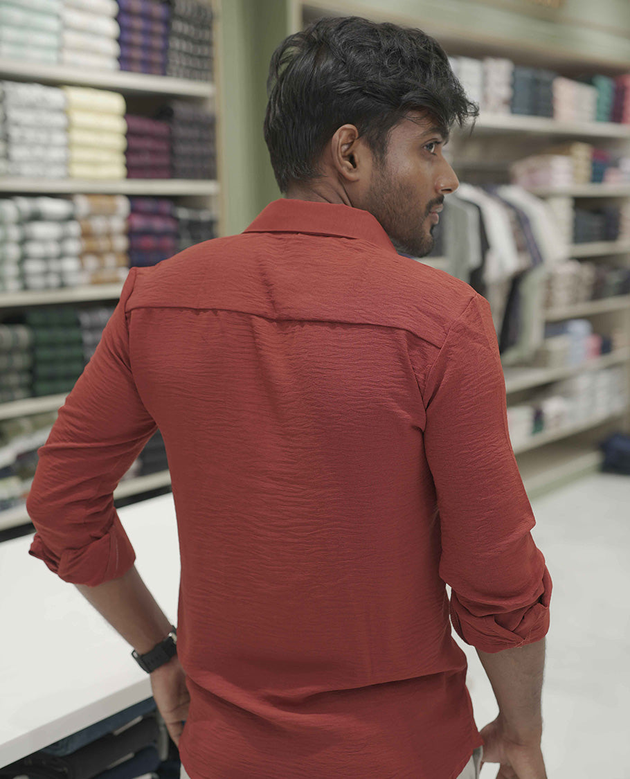 Rust Plain Poly-Blend Casual Shirt, Comes with a Spread Collar, Full-Sleeves, Slim Fit, and Regular Length