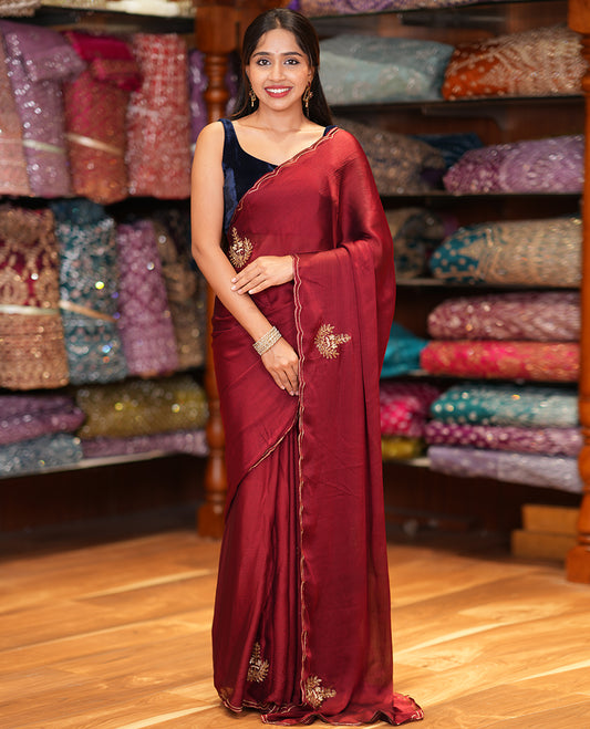 Maroon Rangoli Chiffon Saree, Embellished with Gota Patti Embroidered Buttas, a Scallop Border, a Matching Blouse