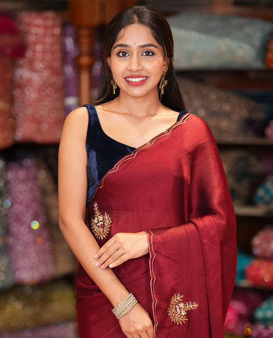 Maroon Rangoli Chiffon Saree, Embellished with Gota Patti Embroidered Buttas, a Scallop Border, a Matching Blouse