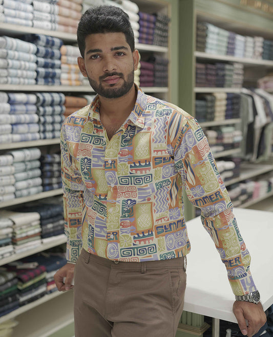 Multi-color Cotton-Blended Casual Shirt, Highlighted with Unique Motifs Print, Comes with a Spread Collar, Full-Sleeves, Slim Fit, and Regular Length