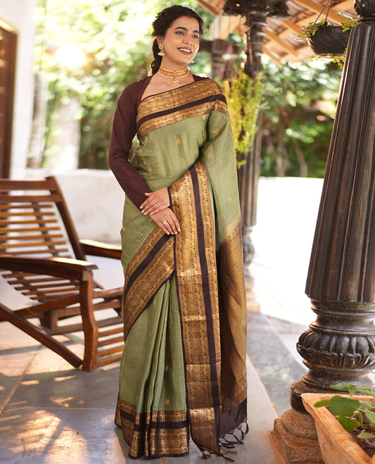 Elaichi Checked Vasundhara Lite Silk Mix Saree, Contrast Elephant Border, Jaal Pallu, and Contrast Blouse