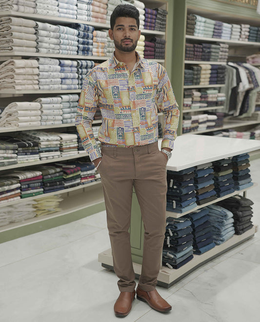 Multi-color Cotton-Blended Casual Shirt, Highlighted with Unique Motifs Print, Comes with a Spread Collar, Full-Sleeves, Slim Fit, and Regular Length