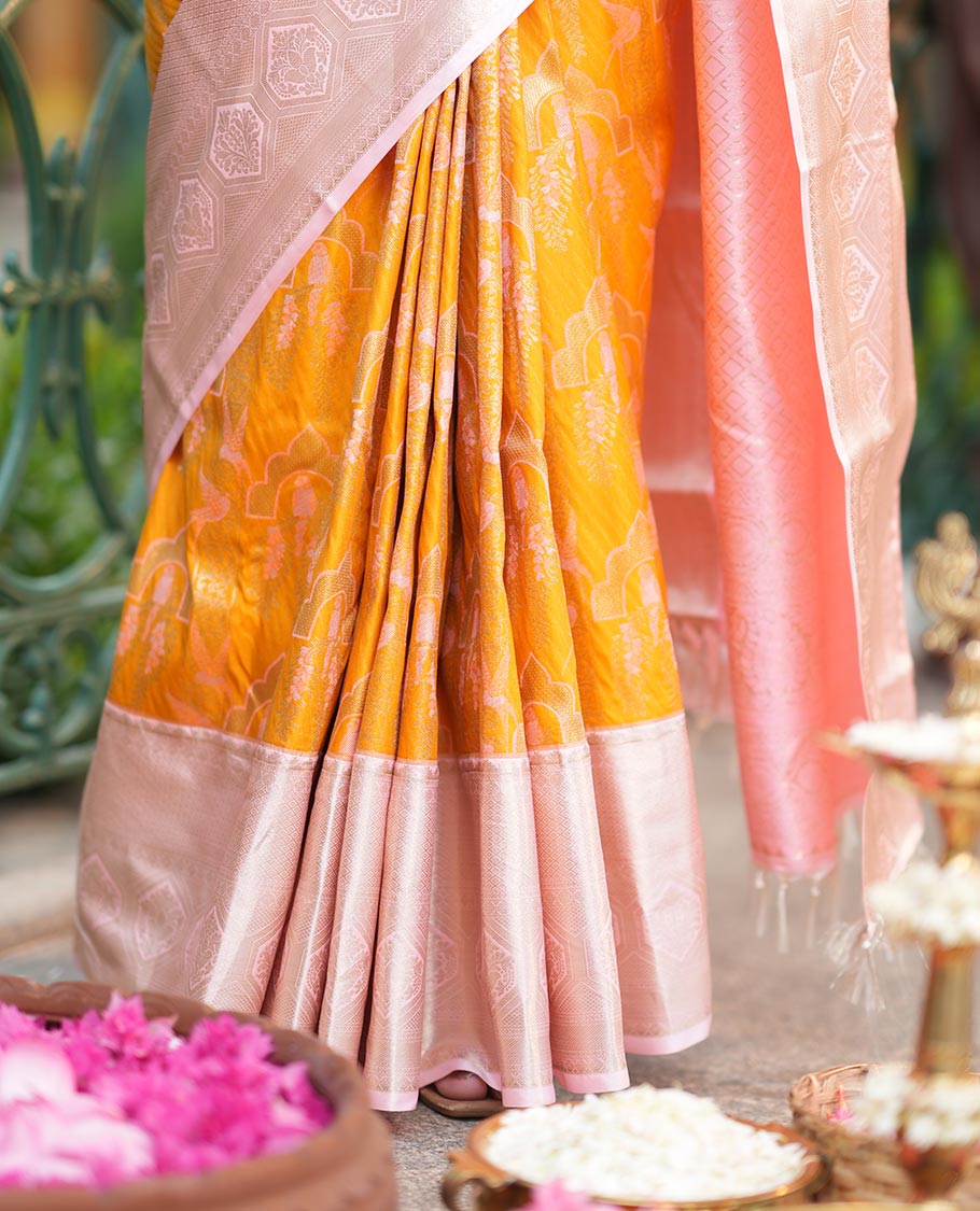 Turmeric Yellow-Peach Jacquard Budget Silk Saree