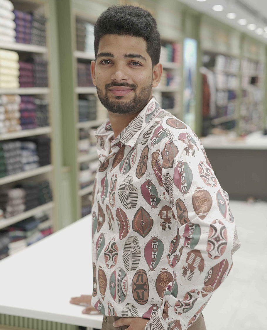Cream-Brown Cotton-Blended Casual Shirt, Adorned with Surfing Board Motifs Print, Comes with a Spread Collar, Full-Sleeves, Slim Fit, and Regular Length